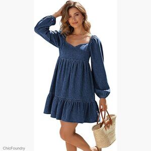 Denim Mini Dress with Sweetheart Neckline, Puff Sleeves, Smocked Waist